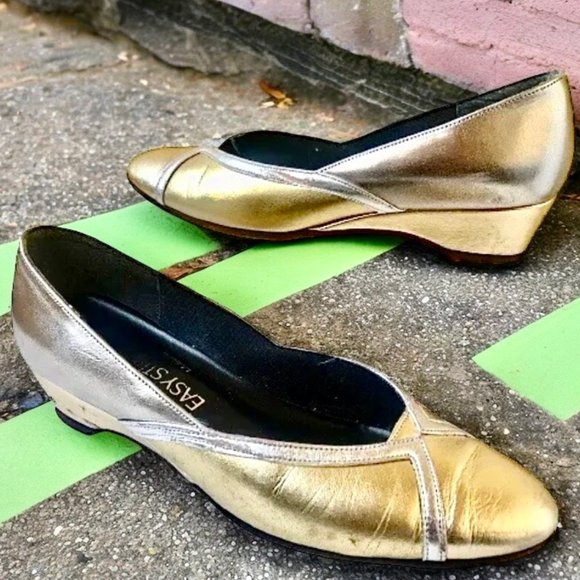 Easy Street Vintage 80's Low Wedge Pump Silver + Gold Made in USA USED - Picture 6 of 15